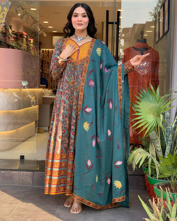 Alvami Womenβs Viscose Floral Printed Anarkali Kurta Pant with Dupatta Set