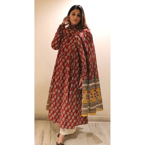 Alvami Women's Red Floral Printed Viscose Anarkali Suit Set with Dupatta | Elegant Ethnic Wear