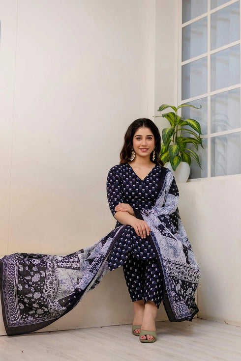 Women Navy Blue Floral Print Straight Kurta Pant With Dupatta Set