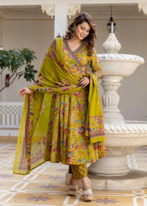 Alvami Women’s Yellow Printed Viscose Angrakha Kurta Set with Dupatta