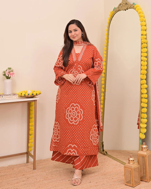 Alvami Women’s Orange Bandhani Print A-Line Kurta Pant With Dupatta Set