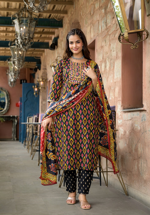 Yellow Embroidery Viscose Rayon Kurta, Pant And Dupatta Set
