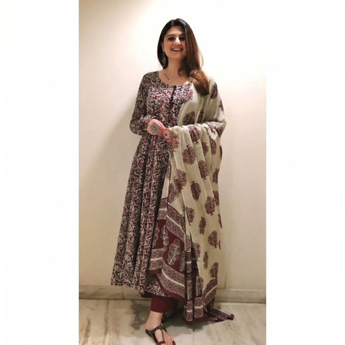 Alvami Women's Maroon & Cream Printed Viscose Anarkali Kurta Pant Set with Dupatta