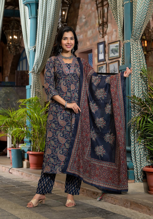Blue Embroidery Viscose Rayon Kurta, Pant And Dupatta Set