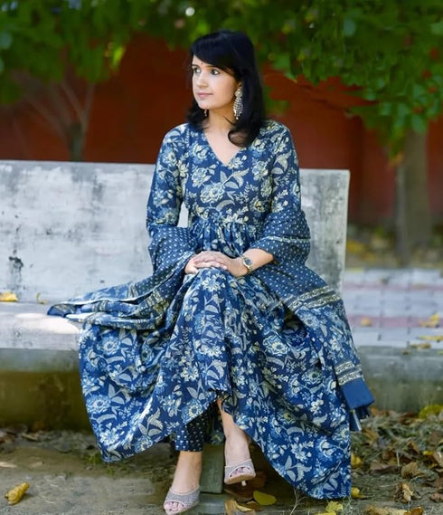 Alvami Women’s Blue Viscose Floral Printed Anarkali Kurta Set with Dupatta