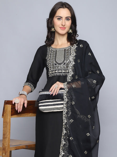 Black Embroidery silk Kurta And Pant Set With Dupatta