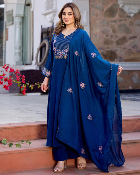 Alvami Women's Blue Embroidered Silk Anarkali Kurta Pant With Dupatta Set