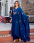 Alvami Women's Blue Embroidered Silk Anarkali Kurta Pant With Dupatta Set