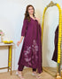 Alvami Women’s Wine Viscose A-Line Kurta with Floral Design & Pant With Dupatta Set