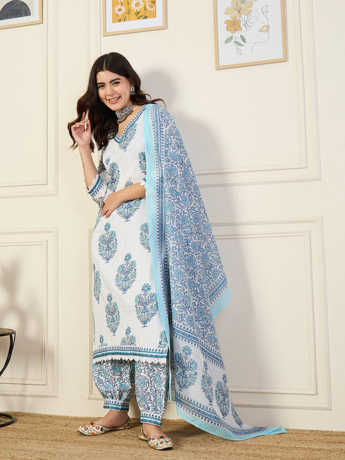 Alvami Women's White Printed Viscose Straight Kurta Pant With Dupatta Set