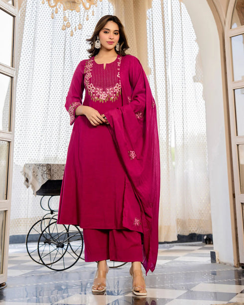 Alvami Women's Pink Embroidered Silk Anarkali Kurta Pant With Dupatta Set