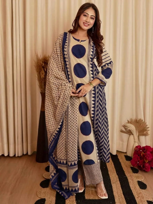 Alvami Women's Morepeach & Beige Printed Viscose Straight Kurta Set with Dupatta | Trendy Ethnic Wear
