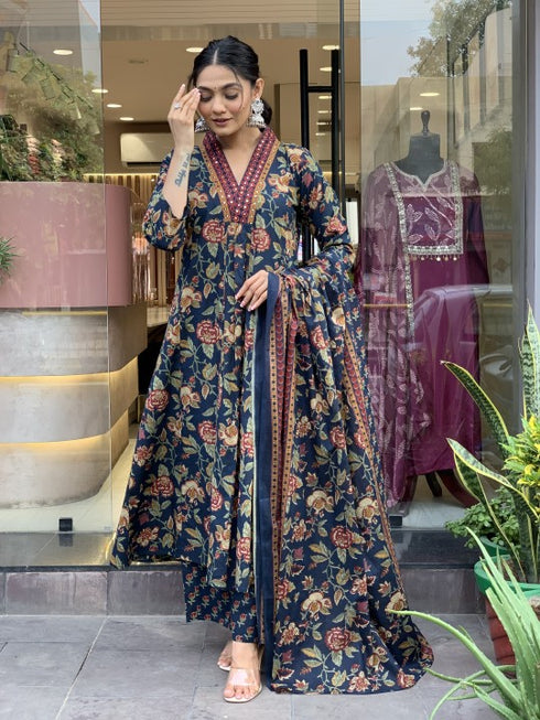Viscose Blue Anarkali Kurta And Pant Set With Dupatta