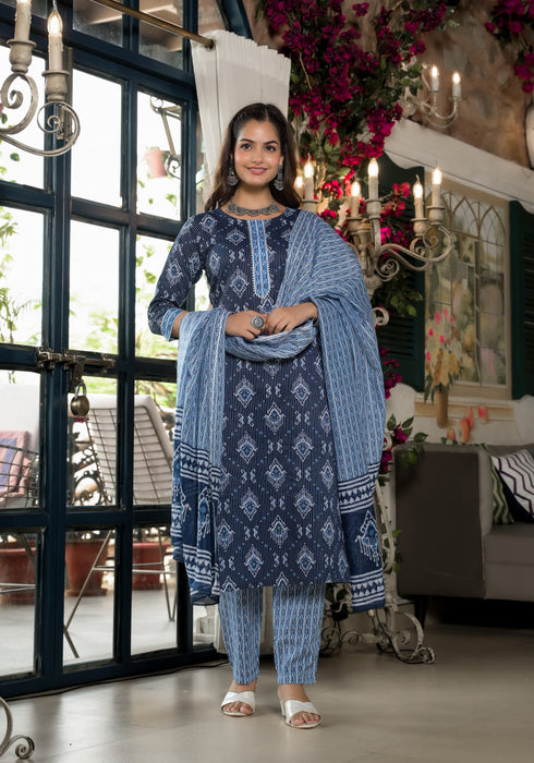 Blue Embroidery Viscose Rayon Kurta, Pant And Dupatta Set