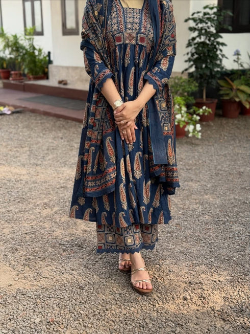 Alvami Women's Blue Printed Viscose Anarkali Kurta Pant With Dupatta Set