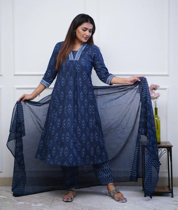 Blue Anarkali Kurta And Pant Set With Dupatta