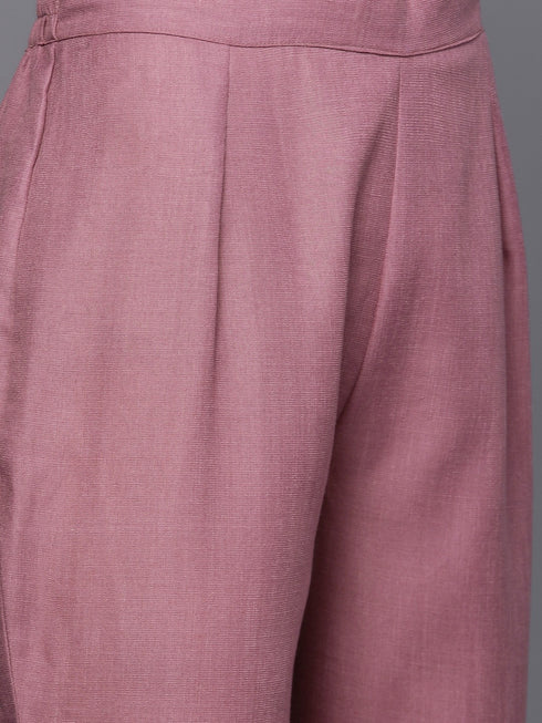 Alvami Women’s Pink Solid A-Line Silk Kurta Set with Dupatta Lace Detail