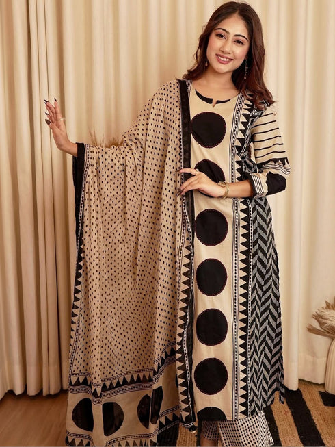 Alvami Women's Black & Beige Printed Viscose Straight Kurta Set with Dupatta | Trendy Ethnic Wear