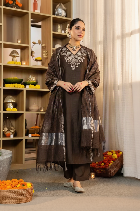 Alvami Women’s Brown Embroidered Straight Silk Kurta Pant With Dupatta Set