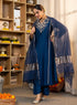 Alvami Women’s Blue Embroidered Straight Silk Kurta Pant With Dupatta Set