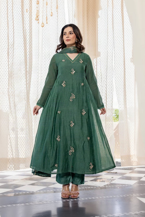 Alvami Women Green Embroidered Silk Anarkali Kurta Pant with Dupatta Set