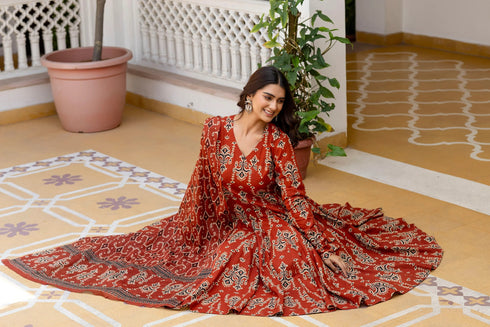 Alvami Women’s Red Printed Angrakha Kurta Pant With Dupatta Set