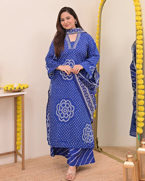 Alvami Women’s Blue Bandhani Print A-Line Kurta Pant With Dupatta Set