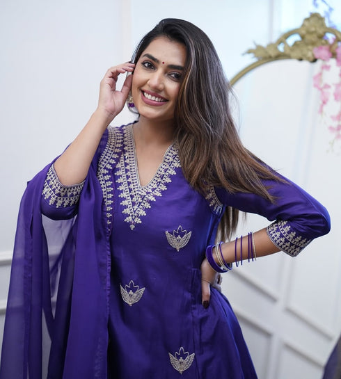 Alvami Women Embroidery Anarkali Kuta and Pant Set with Dupatta