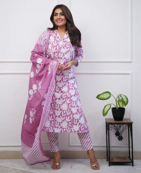 Viscose Floral Printed Pink Kurta And Pant Set With Dupatta