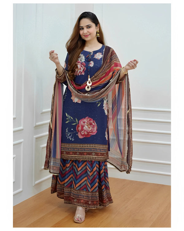 Blue Printed Viscose Rayon Kurta, Sharara And Dupatta Set