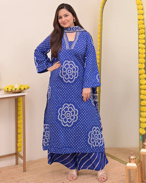 Alvami Women’s Blue Bandhani Print A-Line Kurta Pant With Dupatta Set