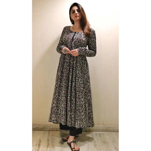 Alvami Women's Black & Cream Printed Viscose Anarkali Kurta Pant Set with Dupatta