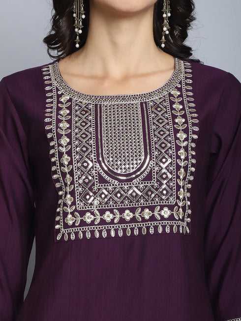 Wine Embroidery silk Kurta And Pant Set With Dupatta