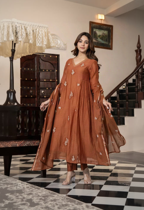 Alvami Women Orange Embroidered Silk Anarkali Kurta Pant with Dupatta Set