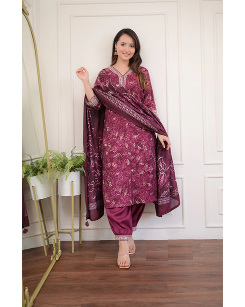 Wine Embroidery Viscose Rayon Kurta, Pant And Dupatta Set