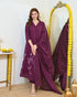 Alvami Women’s Wine Viscose A-Line Kurta with Floral Design & Pant With Dupatta Set