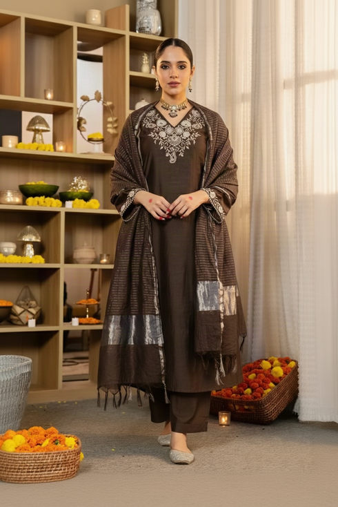 Alvami Women’s Brown Embroidered Straight Silk Kurta Pant With Dupatta Set