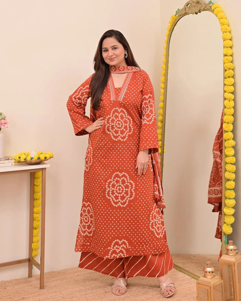 Alvami Women’s Orange Bandhani Print A-Line Kurta Pant With Dupatta Set