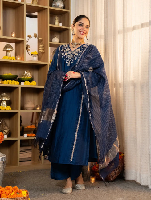 Alvami Women’s Blue Embroidered Straight Silk Kurta Pant With Dupatta Set
