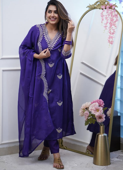 Alvami Women Embroidery Anarkali Kuta and Pant Set with Dupatta