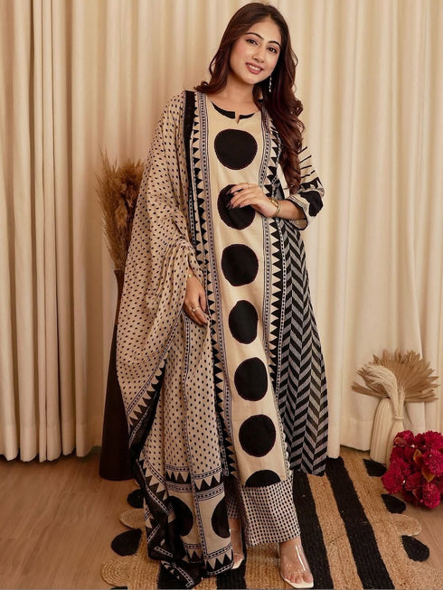 Alvami Women's Black & Beige Printed Viscose Straight Kurta Set with Dupatta | Trendy Ethnic Wear