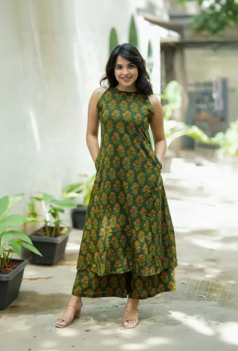 Alvami Women's Green Printed A-Line Kurta Palazzo Set With Pocket