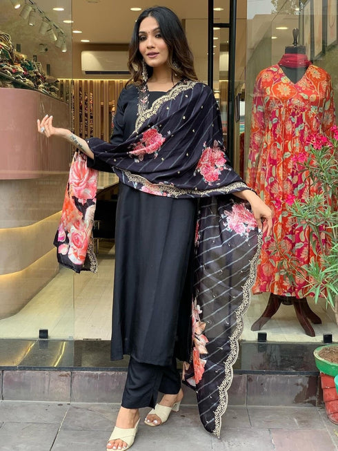 Viscose Black A-Line Kurta And Pant Set With Dupatta