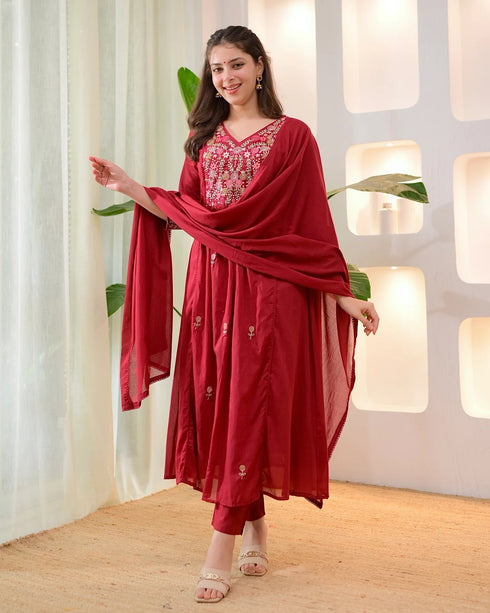 Alvami Women's Red Embroidered Silk Anarkali Suit Set with Dupatta | Premium Festive Ethnic Wear