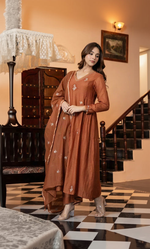 Alvami Women Orange Embroidered Silk Anarkali Kurta Pant with Dupatta Set
