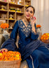 Alvami Women’s Blue Embroidered Straight Silk Kurta Pant With Dupatta Set