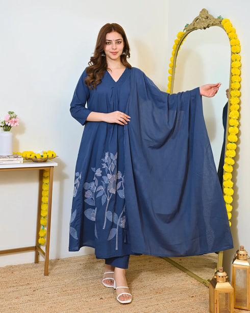 Alvami Women’s Blue Viscose A-Line Kurta with Floral Design & Pant With Dupatta Set