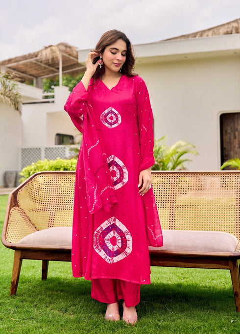 Alvami Women Pink Printed Viscose A-Line Kurta Pant With Dupatta Set