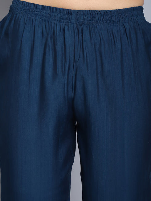 Navy Blue Embroidery silk Kurta And Pant Set With Dupatta