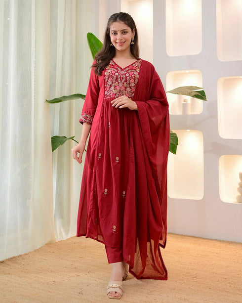 Alvami Women's Red Embroidered Silk Anarkali Suit Set with Dupatta | Premium Festive Ethnic Wear